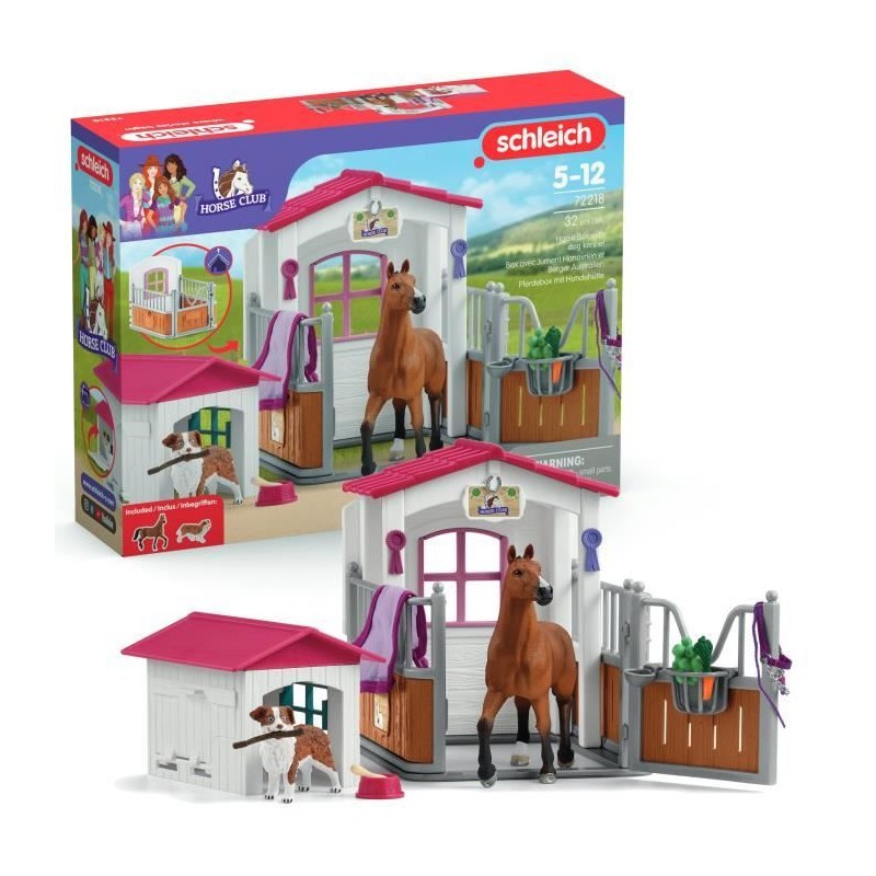 Box avec Jument Hanovrien et Berger Australien, Figurine cheval et acc Box avec Jument Hanovrien et Berger Australien, Figurine cheval et acc