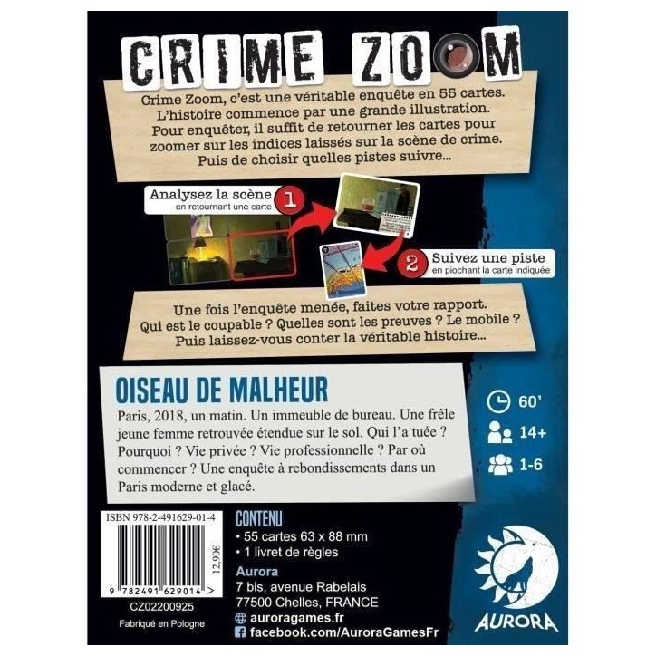 Crime Zoom : Oiseau de Malheur - Asmodee - Jeu d'enquete - Des 14 ans - 30 minutes a 1h Crime Zoom : Oiseau de Malheur - Asmodee - Jeu d'enquete - Des 14 ans - 30 minutes a 1h