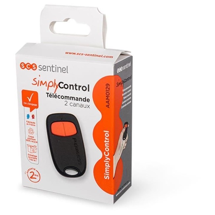Télécommande 2 canaux - SCS SENTINEL - SimplyControl - Orange, portée 40m, fréquence 433.92 MHz, pile lithium CR2032 incluse Télécommande 2 canaux - SCS SENTINEL - SimplyControl - Orange, portée 40m, fréquence 433.92 MHz, pile lithium CR2032 incluse