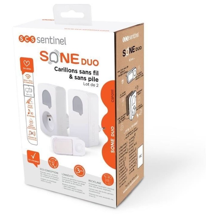 Carillons - SCS SENTINEL - SONE DUO - Sans fil et sans pile - Lot de 2 - Portée 150+50 metres - Auto-alimenté Carillons - SCS SENTINEL - SONE DUO - Sans fil et sans pile - Lot de 2 - Portée 150+50 metres - Auto-alimenté