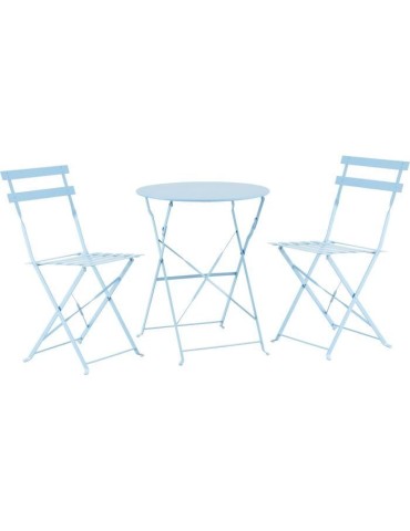 Ensemble de jardin bistrot 2 personnes - Table ronde 60 cm avec 2 chaises - Acier thermolaqué - Bleu
