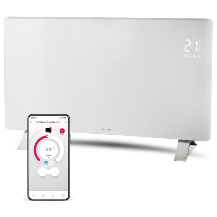 Radiateur intelligent Wi-Fi en verre - SENCOR - SCF 4740WH - 2400 W - 2 niveaux - Thermostat - Blanc