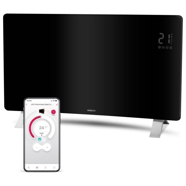 Radiateur intelligent Wi-Fi en verre - SENCOR - SCF 4741BK - 2400 W - 2 niveaux - Thermostat - Noir