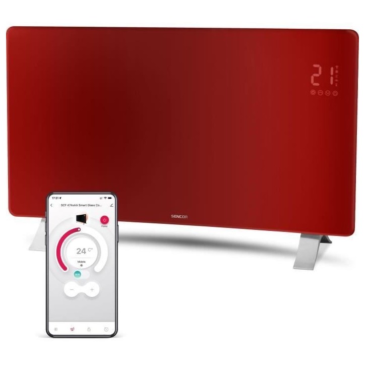 Radiateur intelligent Wi-Fi en verre - SENCOR - SCF 4742RD - 2400 W - 2 niveaux - Thermostat - Rouge
