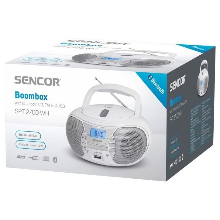 Lecteur Radio CD - SENCOR - SPT 2700 WH - 3 W - CD / Bluetooth / MP3 - Blanc Lecteur Radio CD - SENCOR - SPT 2700 WH - 3 W - CD / Bluetooth / MP3 - Blanc