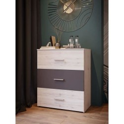 Commode - ADRIA - 3 tiroirs - Chene cendré / Gris uni - L75x P41 x 90