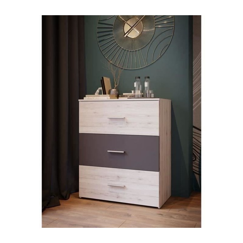 Commode - ADRIA - 3 tiroirs - Chene cendré / Gris uni - L75x P41 x 90 Commode - ADRIA - 3 tiroirs - Chene cendré / Gris uni - L75x P41 x 90