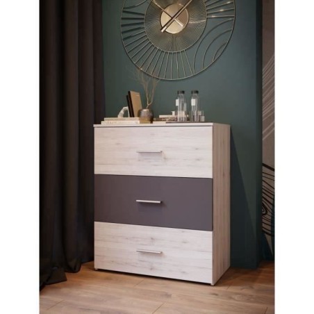 Commode - ADRIA - 3 tiroirs - Chene cendré / Gris uni - L75x P41 x 90