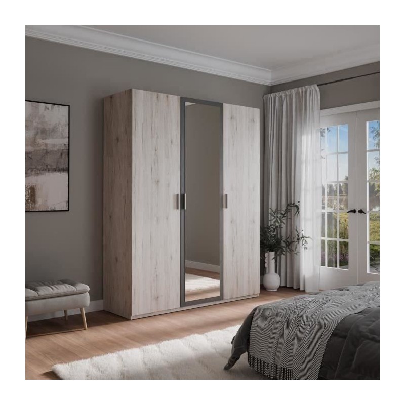 Armoire de chambre - ADRIA - Chene cendré / Gris foncé - 3 portes ba Armoire de chambre - ADRIA - Chene cendré / Gris foncé - 3 portes ba