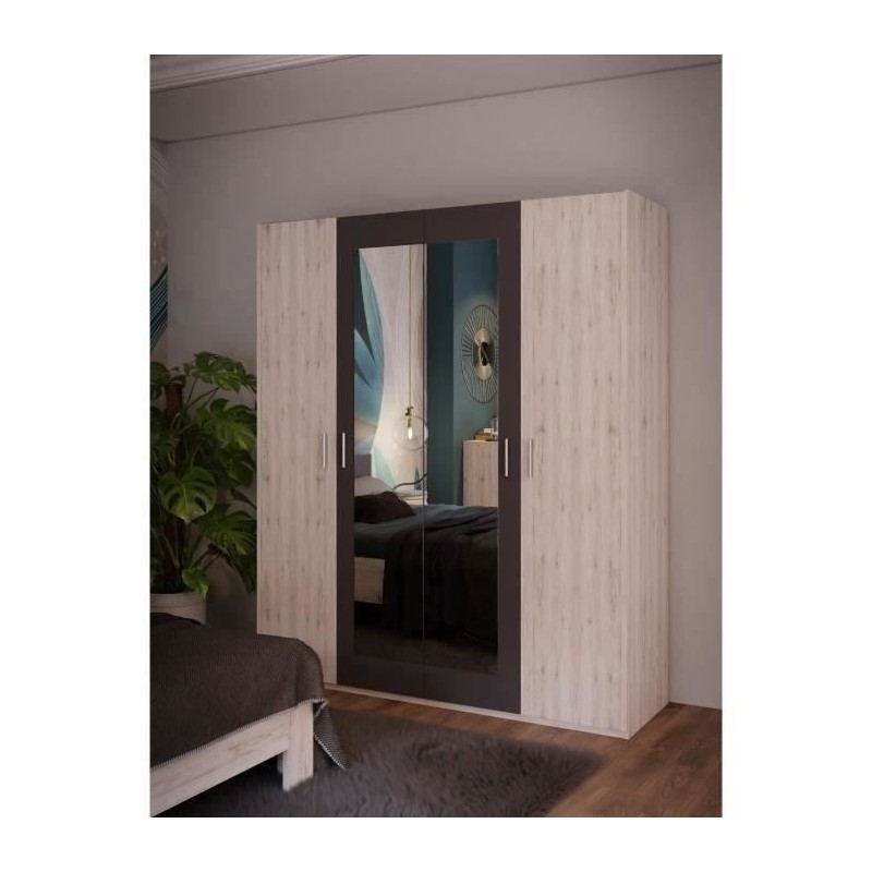 Armoire de chambre - ADRIA - Décor Chene cendré / Gris foncé - 4 po Armoire de chambre - ADRIA - Décor Chene cendré / Gris foncé - 4 po