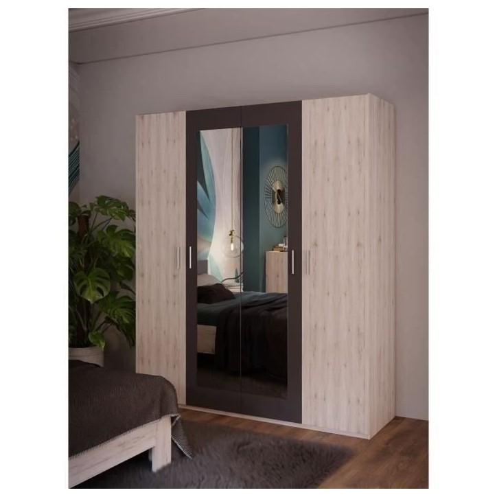 Armoire de chambre - ADRIA - Décor Chene cendré / Gris foncé - 4 portes battantes - 2 miroirs - L177,5 x P54,2 x H210,5 cm Armoire de chambre - ADRIA - Décor Chene cendré / Gris foncé - 4 portes battantes - 2 miroirs - L177,5 x P54,2 x H210,5 cm