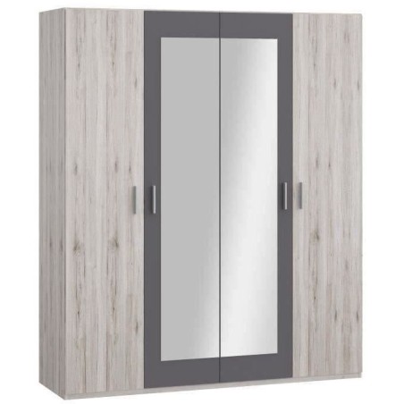 Armoire de chambre - ADRIA - Décor Chene cendré / Gris foncé - 4 portes battantes - 2 miroirs - L177,5 x P54,2 x H210,5 cm