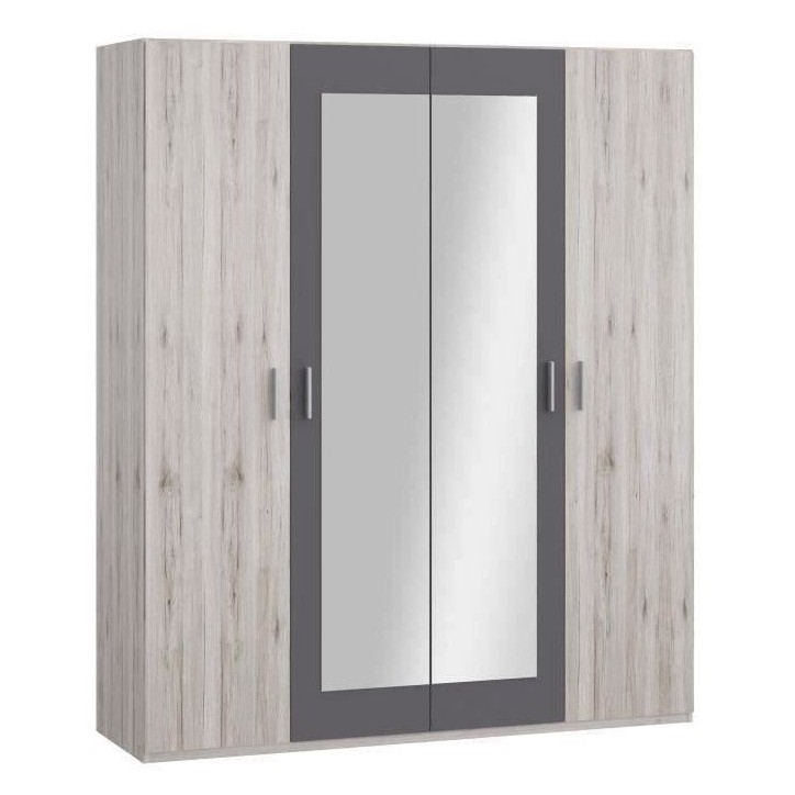 Armoire de chambre - ADRIA - Décor Chene cendré / Gris foncé - 4 portes battantes - 2 miroirs - L177,5 x P54,2 x H210,5 cm Armoire de chambre - ADRIA - Décor Chene cendré / Gris foncé - 4 portes battantes - 2 miroirs - L177,5 x P54,2 x H210,5 cm