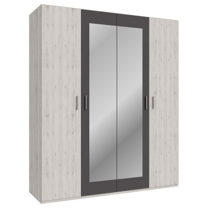 Armoire de chambre - ADRIA - Décor Chene cendré / Gris foncé - 4 portes battantes - 2 miroirs - L177,5 x P54,2 x H210,5 cm Armoire de chambre - ADRIA - Décor Chene cendré / Gris foncé - 4 portes battantes - 2 miroirs - L177,5 x P54,2 x H210,5 cm