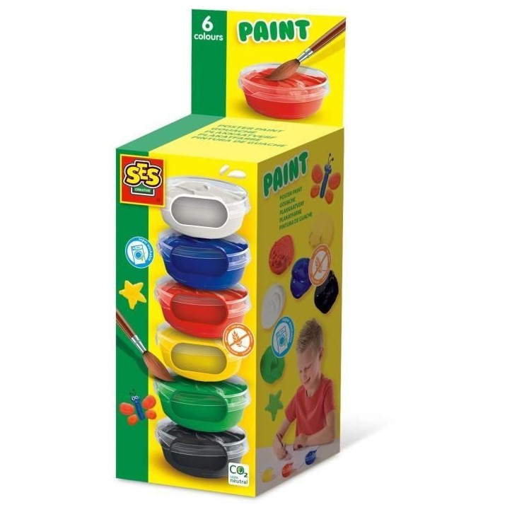 Gouache (6x45ml) - SES CREATIVE - Six couleurs : rouge, bleu, blanc, noir, vert et jaune.