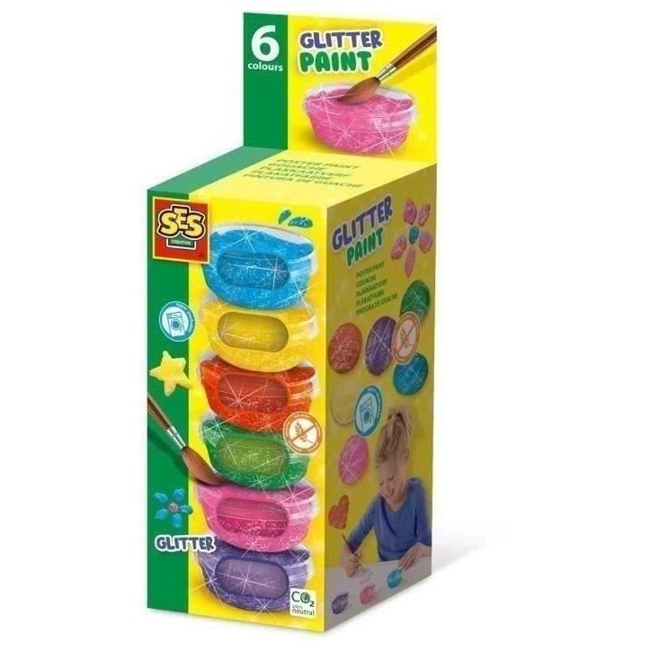 Gouache a paillettes (6x45ml) - SES CREATIVE - Bonne qualité, couleurs vives et opaques - Emballage pratique et compact