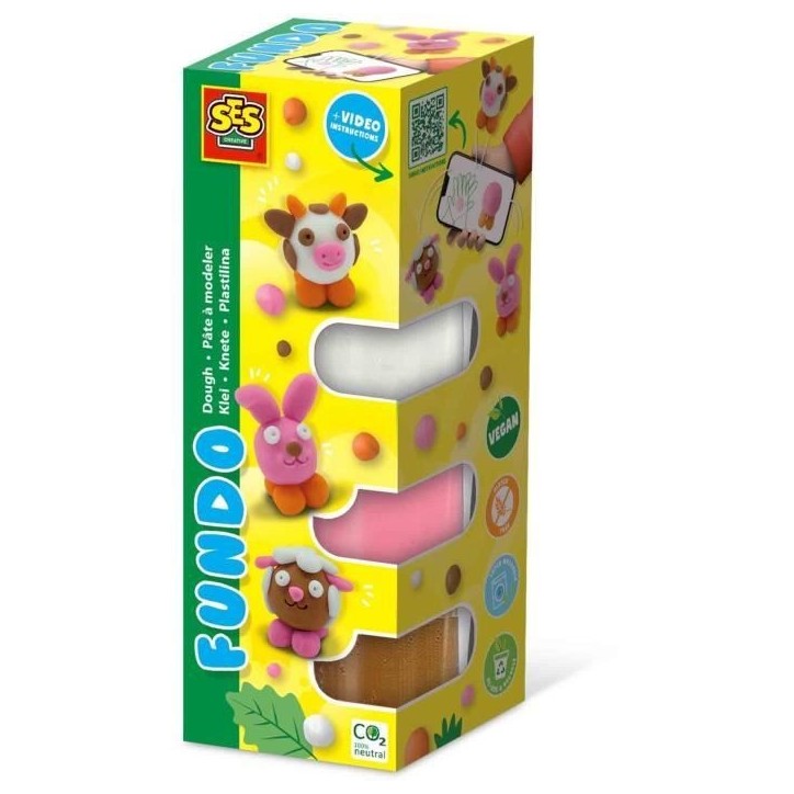 Pâte a modeler FunDo - Animaux de la ferme (3x90gr-1x40gr) - SES CREATIVE - Interactive pour les jeunes enfants.