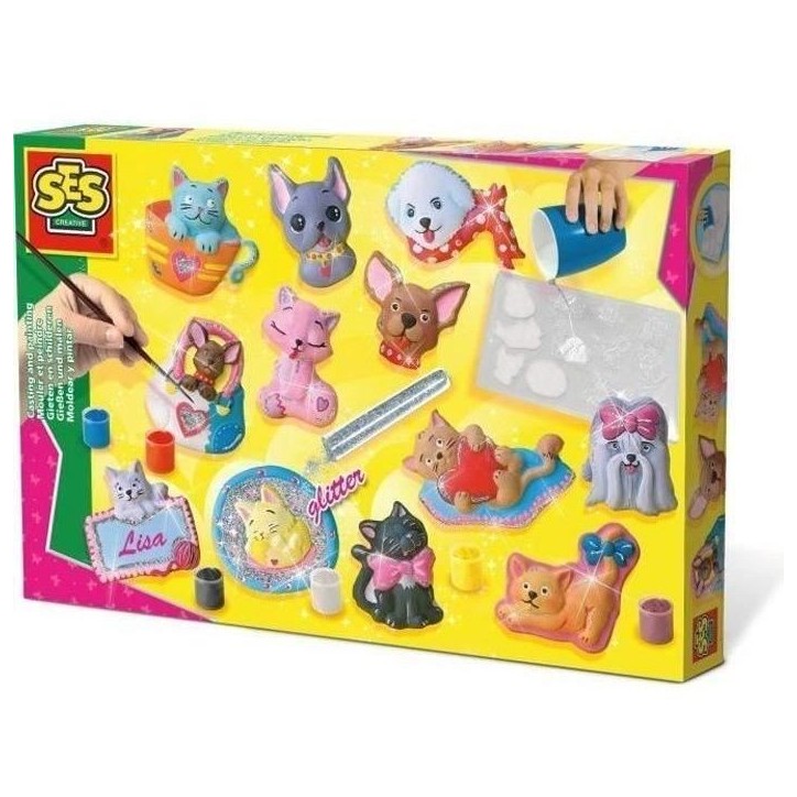 SES CREATIVE - Moulage en plâtre chiens et chats - Jaune, vert et rose - Enfant - Plus de 5 ans