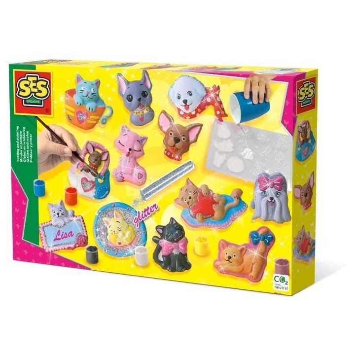 SES CREATIVE - Moulage en plâtre chiens et chats - Jaune, vert et rose - Enfant - Plus de 5 ans