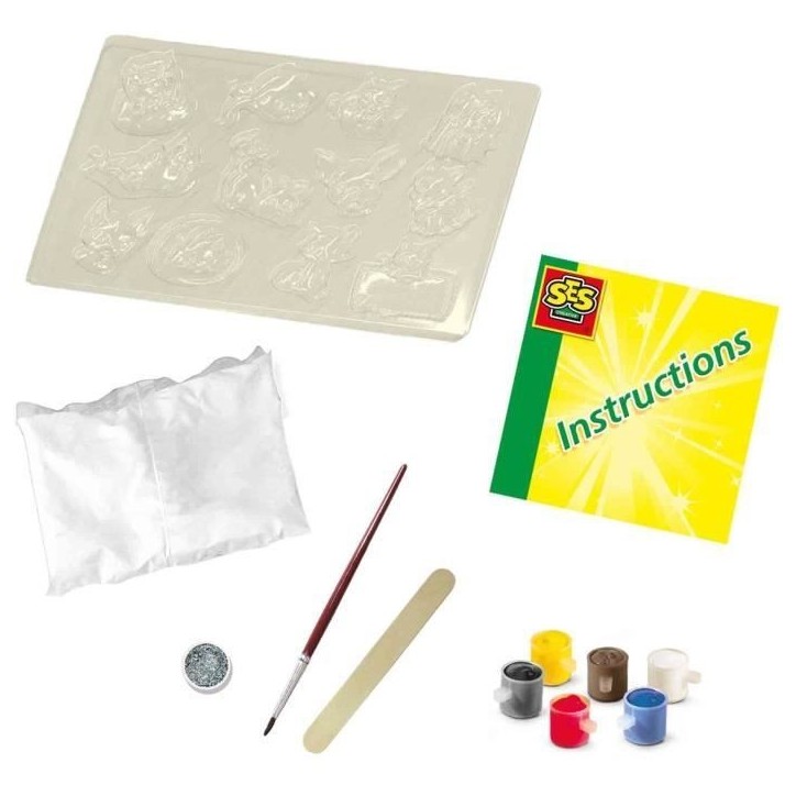 SES CREATIVE - Moulage en plâtre chiens et chats - Jaune, vert et rose - Enfant - Plus de 5 ans
