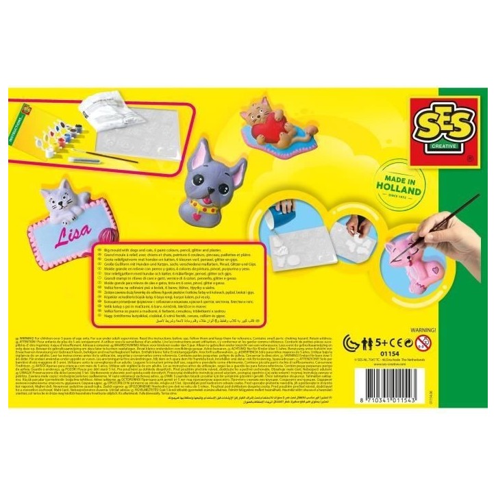 SES CREATIVE - Moulage en plâtre chiens et chats - Jaune, vert et rose - Enfant - Plus de 5 ans