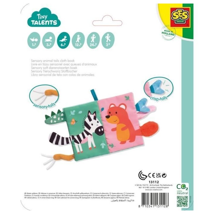 Livre en tissu sensoriel avec queues d'animaux