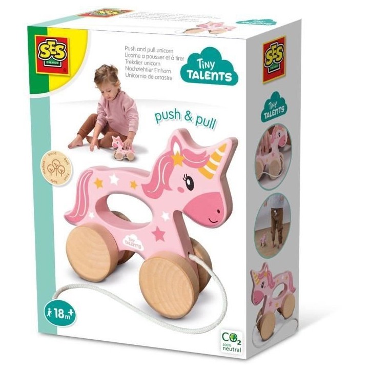 Licorne en bois 2 en 1 - A pousser et a tirer - SES CREATIVE - Licorne rose a pousser ou a tirer.