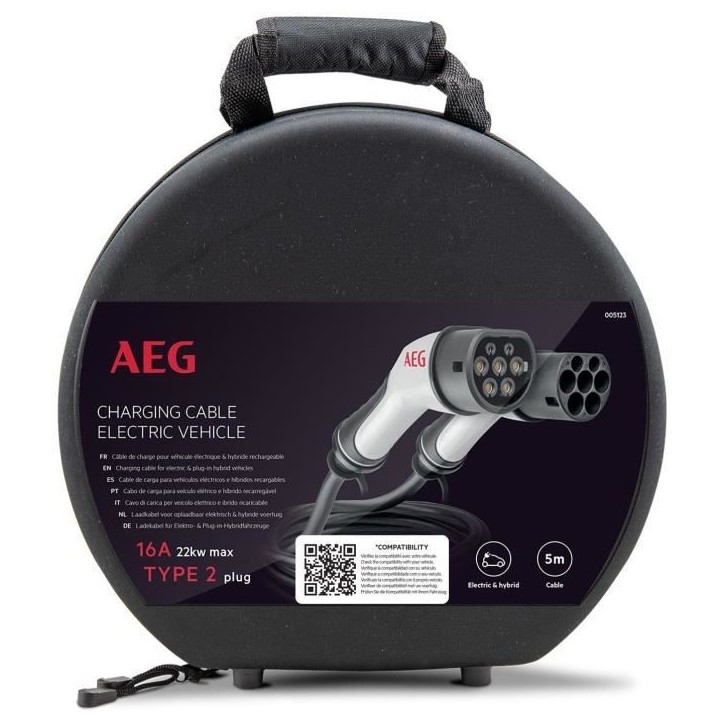 Câble de charge véhicules électriques & hybrides - AEG - Type 2 - Câble triphasé 16A 480V AC - Jusqu a 11Kw - Longueur : 5m