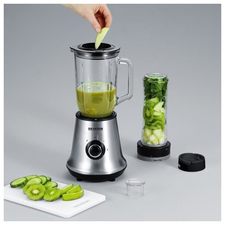 Blender 2 en 1 - SEVERIN - SM3737 - Multi-mixeur et blender a smoothie 2 en 1 - 500W - Bol en verre 1 L - 1 bouteille 600 ml inc