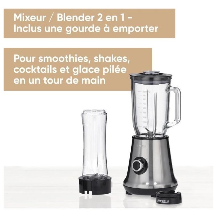 Blender 2 en 1 - SEVERIN - SM3737 - Multi-mixeur et blender a smoothie 2 en 1 - 500W - Bol en verre 1 L - 1 bouteille 600 ml inc