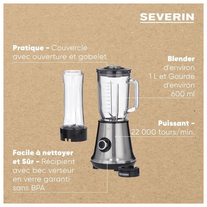 Blender 2 en 1 - SEVERIN - SM3737 - Multi-mixeur et blender a smoothie 2 en 1 - 500W - Bol en verre 1 L - 1 bouteille 600 ml inc