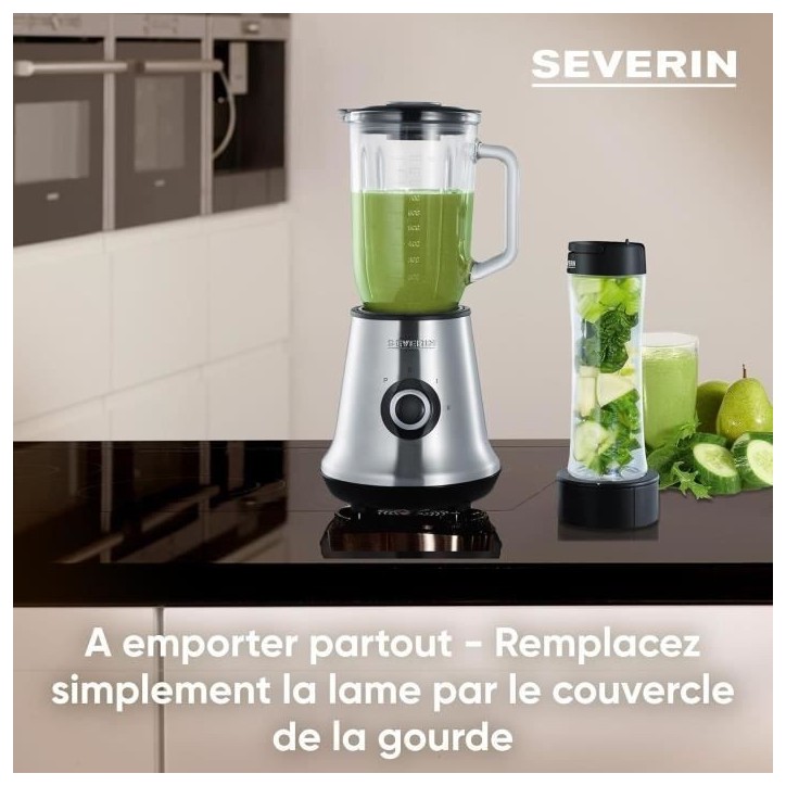 Blender 2 en 1 - SEVERIN - SM3737 - Multi-mixeur et blender a smoothie 2 en 1 - 500W - Bol en verre 1 L - 1 bouteille 600 ml inc