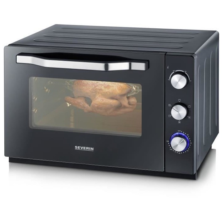 Four posable XXL a chaleur tournante SEVERIN - 60 L - 2 200 W - Tournebroche et pierre a pizza - Noir/Inox