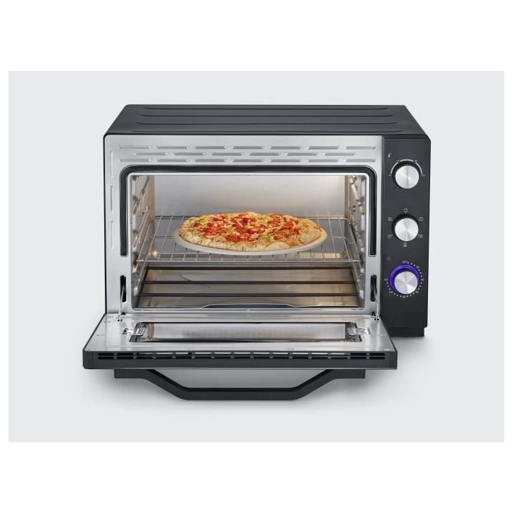 Four posable XXL a chaleur tournante SEVERIN - 60 L - 2 200 W - Tournebroche et pierre a pizza - Noir/Inox