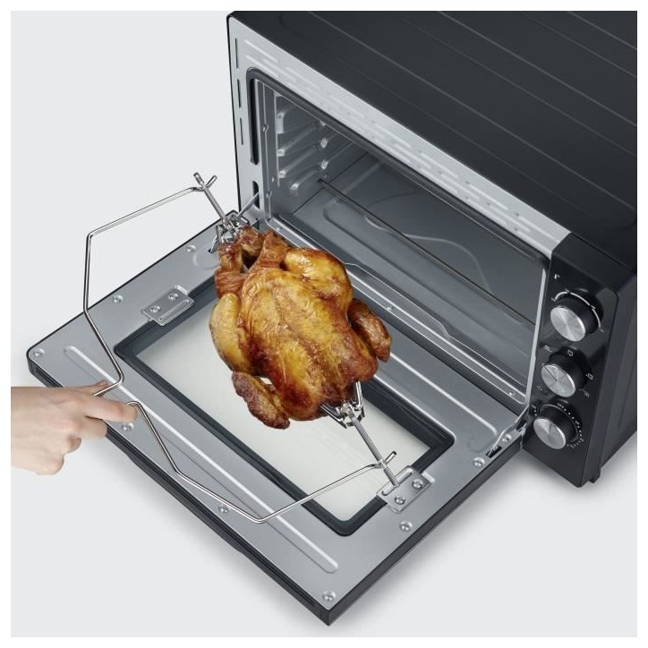 Four posable XXL a chaleur tournante SEVERIN - 60 L - 2 200 W - Tournebroche et pierre a pizza - Noir/Inox