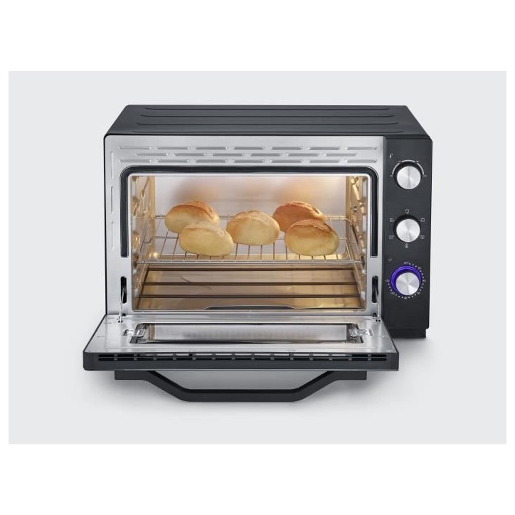 Four posable XXL a chaleur tournante SEVERIN - 60 L - 2 200 W - Tournebroche et pierre a pizza - Noir/Inox