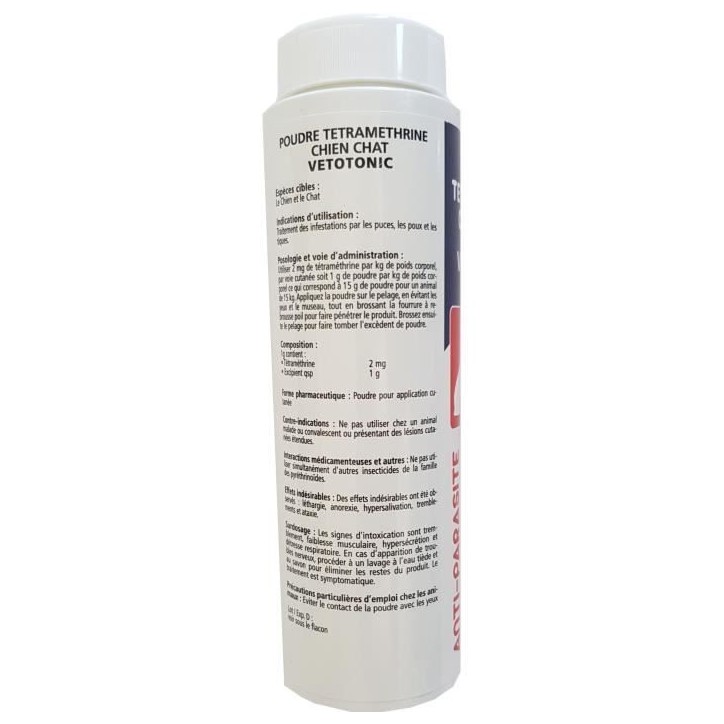Poudre Anti-puces et tiques tétraméthrine - VETOCANIS - Pour Chien et Chat Poudre Anti-puces et tiques tétraméthrine - VETOCANIS - Pour Chien et Chat