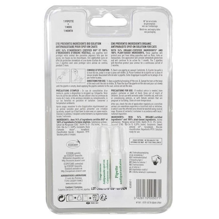 Pipettes Antiparasitaire - VETOCANIS - Ingrédients Bio pour Chats Pipettes Antiparasitaire - VETOCANIS - Ingrédients Bio pour Chats