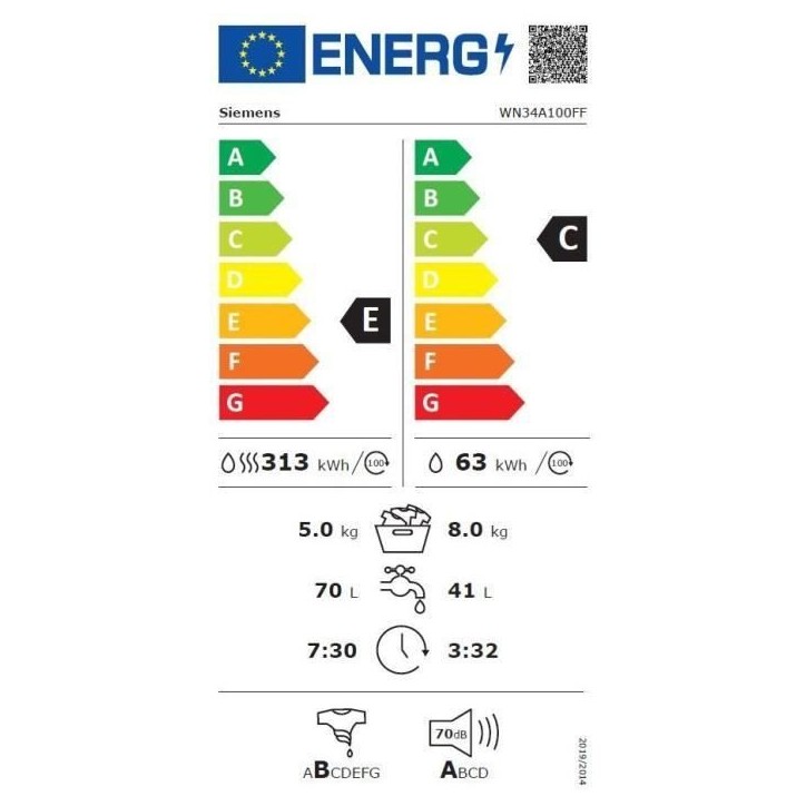 Lave-linge séchant SIEMENS WN34A100FF IQ300 - 8 / 5 kg - 1400 trs/min - L59,8cm - Classe E - Blanc