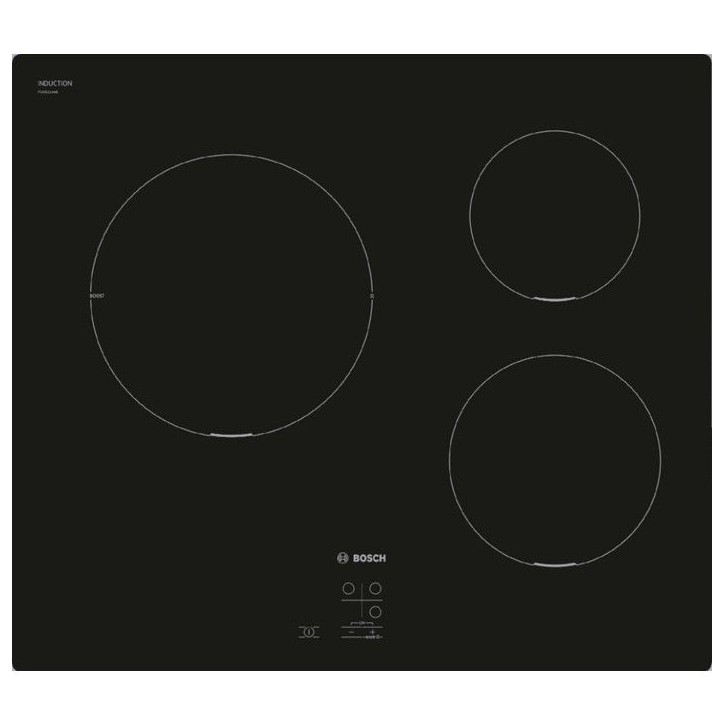 Table induction 60 cm - Bosch Série 2 - 3 foyers - Noir - Touch Select - H5,1 x L59,2 x P52,2 cm - PUC611AA5E Table induction 60 cm - Bosch Série 2 - 3 foyers - Noir - Touch Select - H5,1 x L59,2 x P52,2 cm - PUC611AA5E