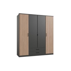 Armoire AGIA - Décor gris et chene - 4 portes battantes + 2 tiroirs -