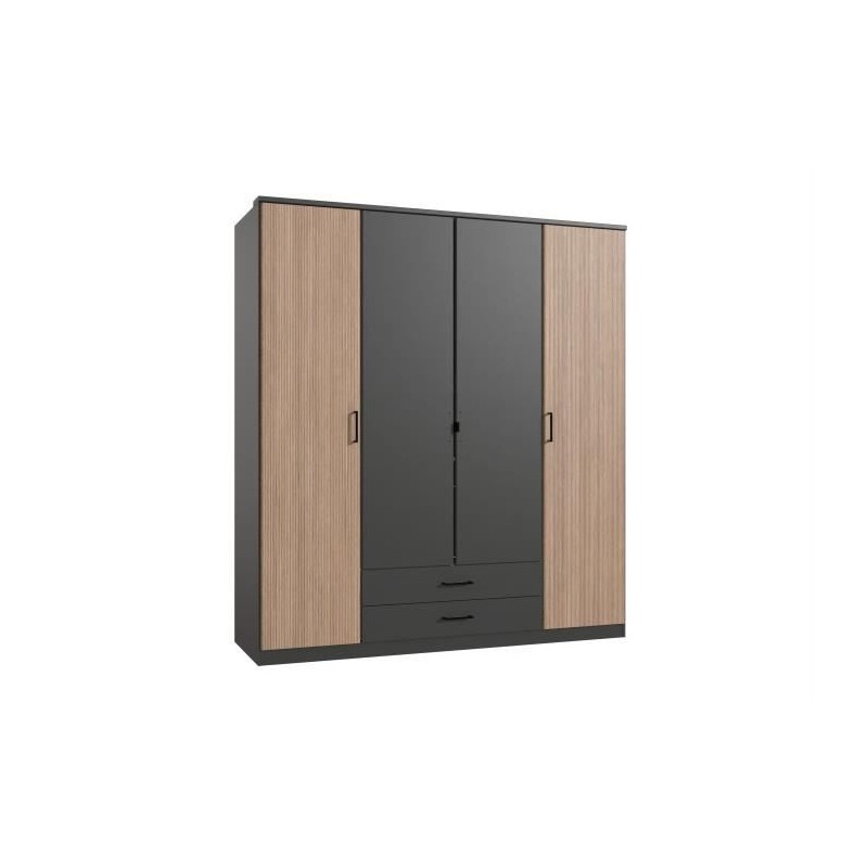 Armoire AGIA - Décor gris et chene - 4 portes battantes + 2 tiroirs - Armoire AGIA - Décor gris et chene - 4 portes battantes + 2 tiroirs -