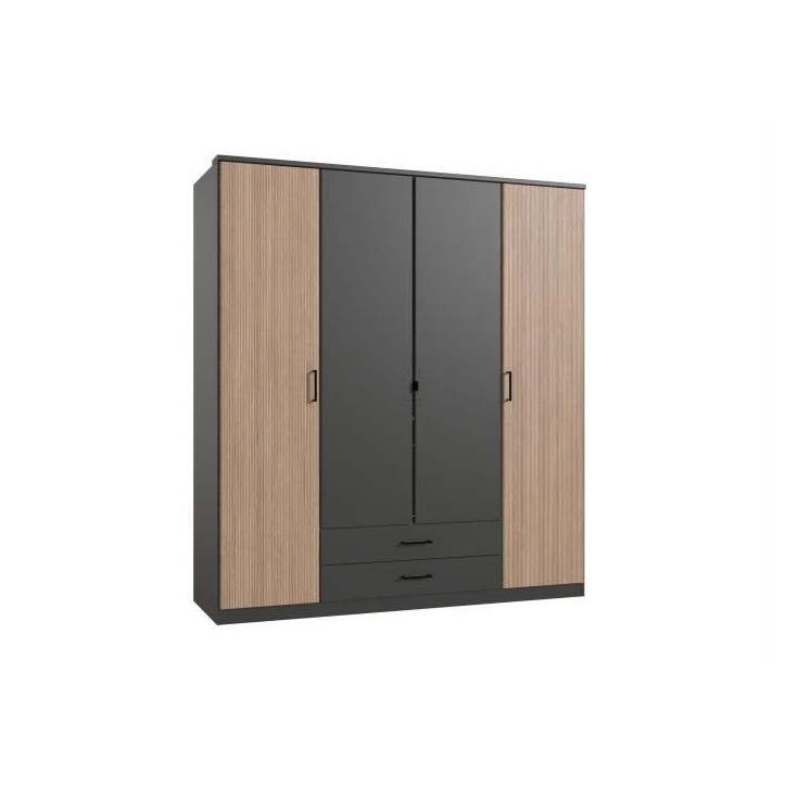 Armoire AGIA - Décor gris et chene - 4 portes battantes + 2 tiroirs - L180 x H199 x P58 cm Armoire AGIA - Décor gris et chene - 4 portes battantes + 2 tiroirs - L180 x H199 x P58 cm