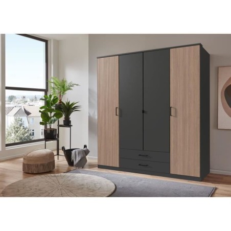 Armoire AGIA - Décor gris et chene - 4 portes battantes + 2 tiroirs - L180 x H199 x P58 cm