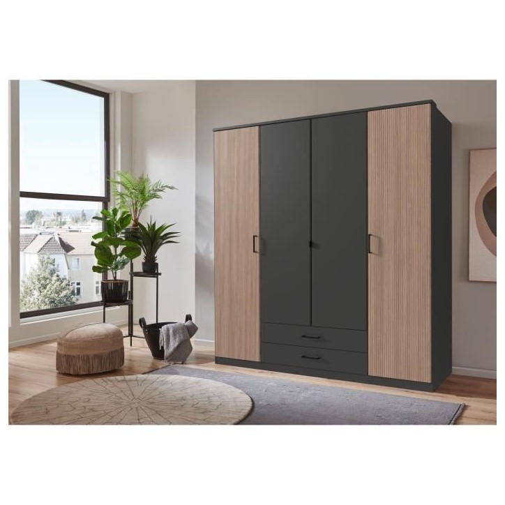 Armoire AGIA - Décor gris et chene - 4 portes battantes + 2 tiroirs - L180 x H199 x P58 cm Armoire AGIA - Décor gris et chene - 4 portes battantes + 2 tiroirs - L180 x H199 x P58 cm