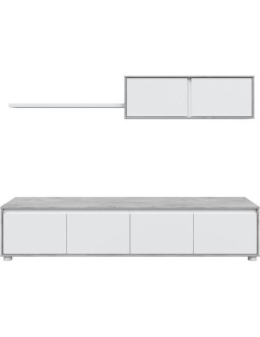 Ensemble meuble TV ALIDA - Meuble bas 4 portes + Meuble haut 2 portes + étagere suspendue - Blanc et ciment
