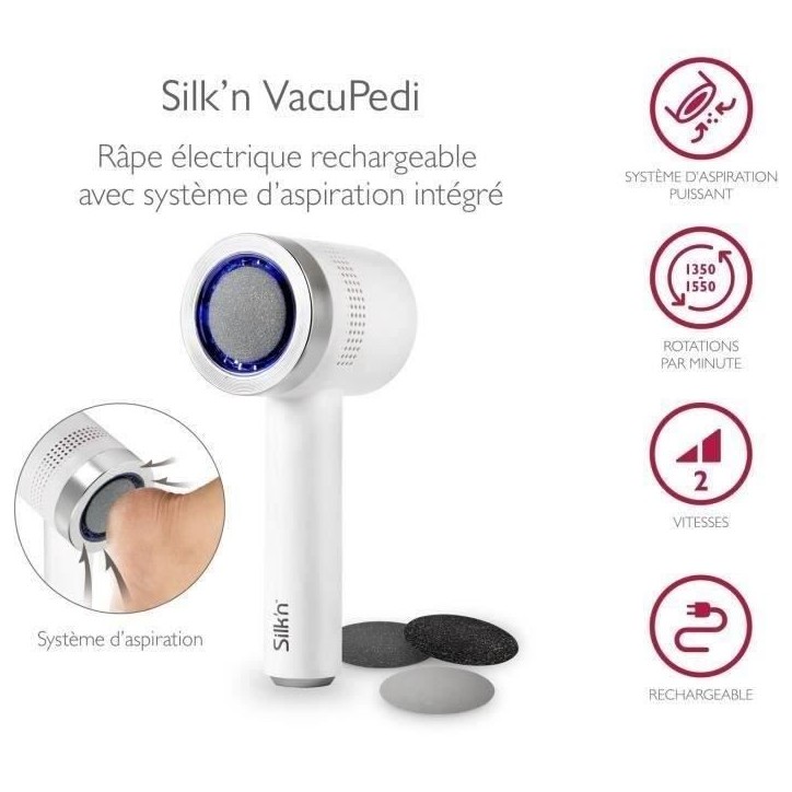 Râpe électrique anti-callosités Silk'n Vacupedi avec aspiration intégrée et 2 râpes incluses Râpe électrique anti-callosités Silk'n Vacupedi avec aspiration intégrée et 2 râpes incluses