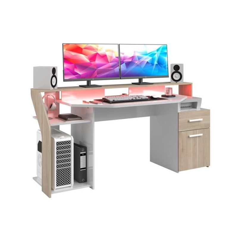 Bureau gaming avec LED Silver - Décor chene et mélamine blanc brilla