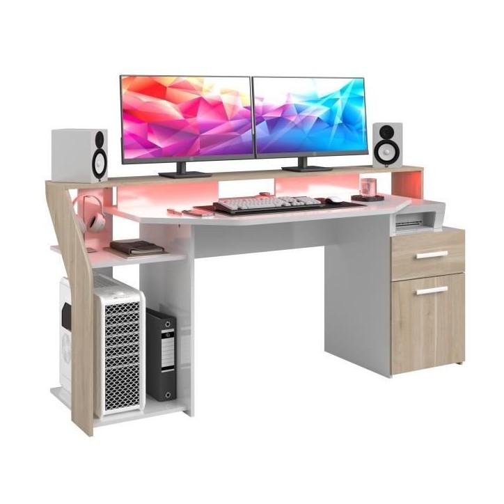 Bureau gaming avec LED Silver - Décor chene et mélamine blanc brillant - L 178 x P 88 x H 68 cm - PARISOT Bureau gaming avec LED Silver - Décor chene et mélamine blanc brillant - L 178 x P 88 x H 68 cm - PARISOT