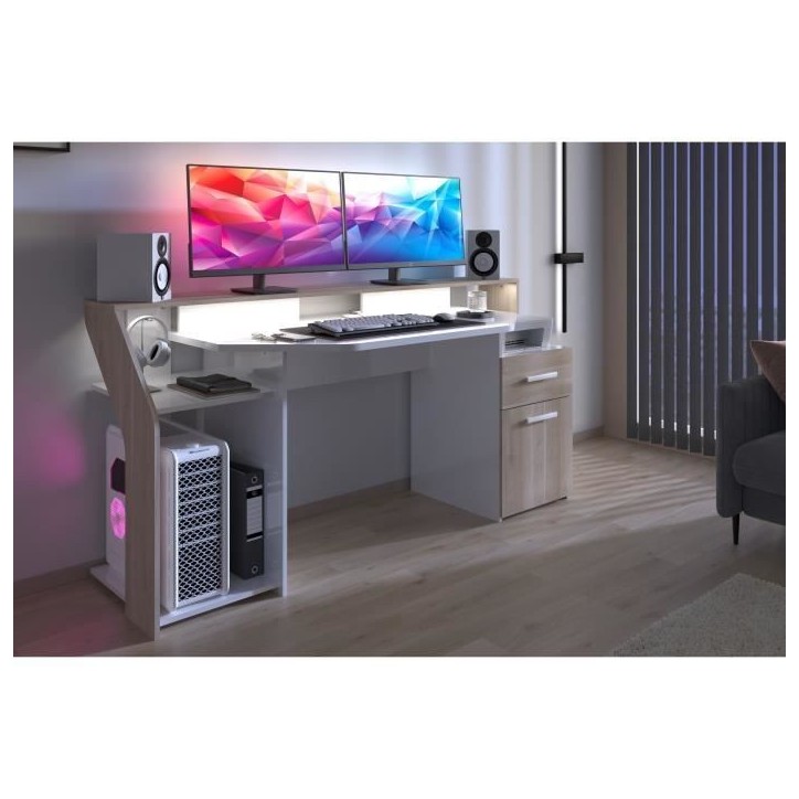Bureau gaming avec LED Silver - Décor chene et mélamine blanc brillant - L 178 x P 88 x H 68 cm - PARISOT Bureau gaming avec LED Silver - Décor chene et mélamine blanc brillant - L 178 x P 88 x H 68 cm - PARISOT